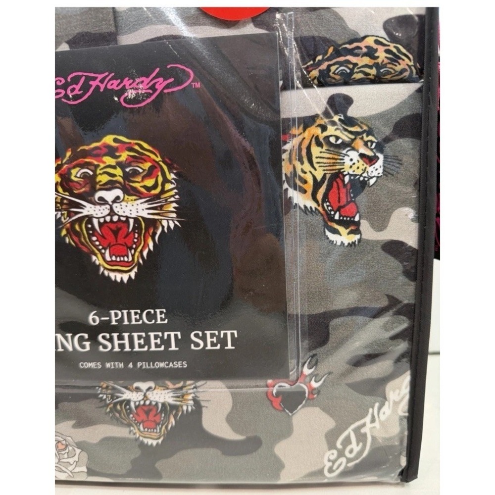 NEW 5-pc ED HARDY KING GREY TIGER Camo FLAT SHEET + 4 KING PILLOWCASES SET - Picture 2 of 4